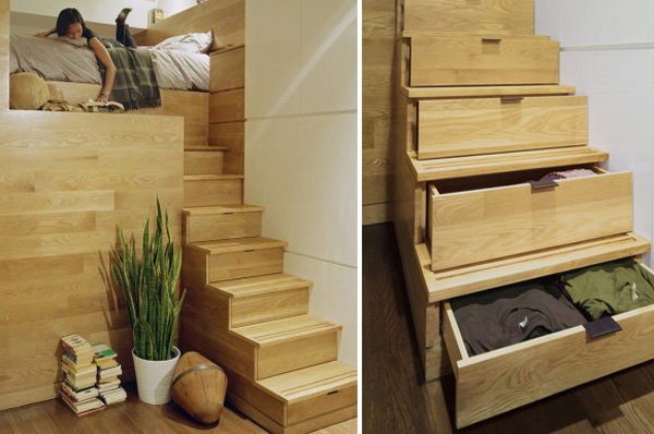 Wooden Stair With Built In Storage Space
